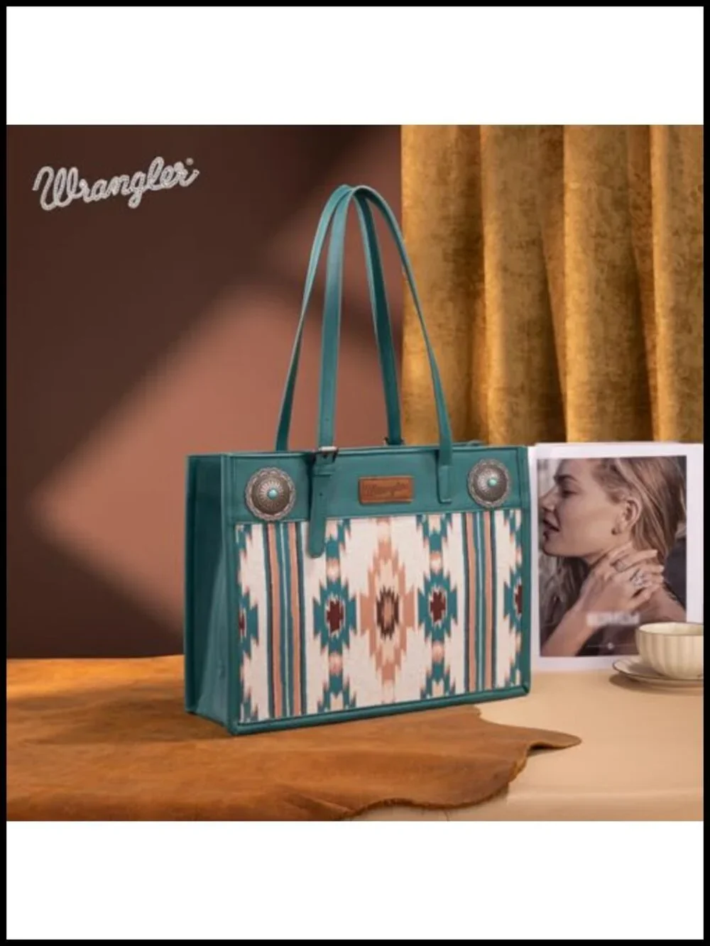 Canvas Top Handle Handbag with Aztec Print - Work Tote